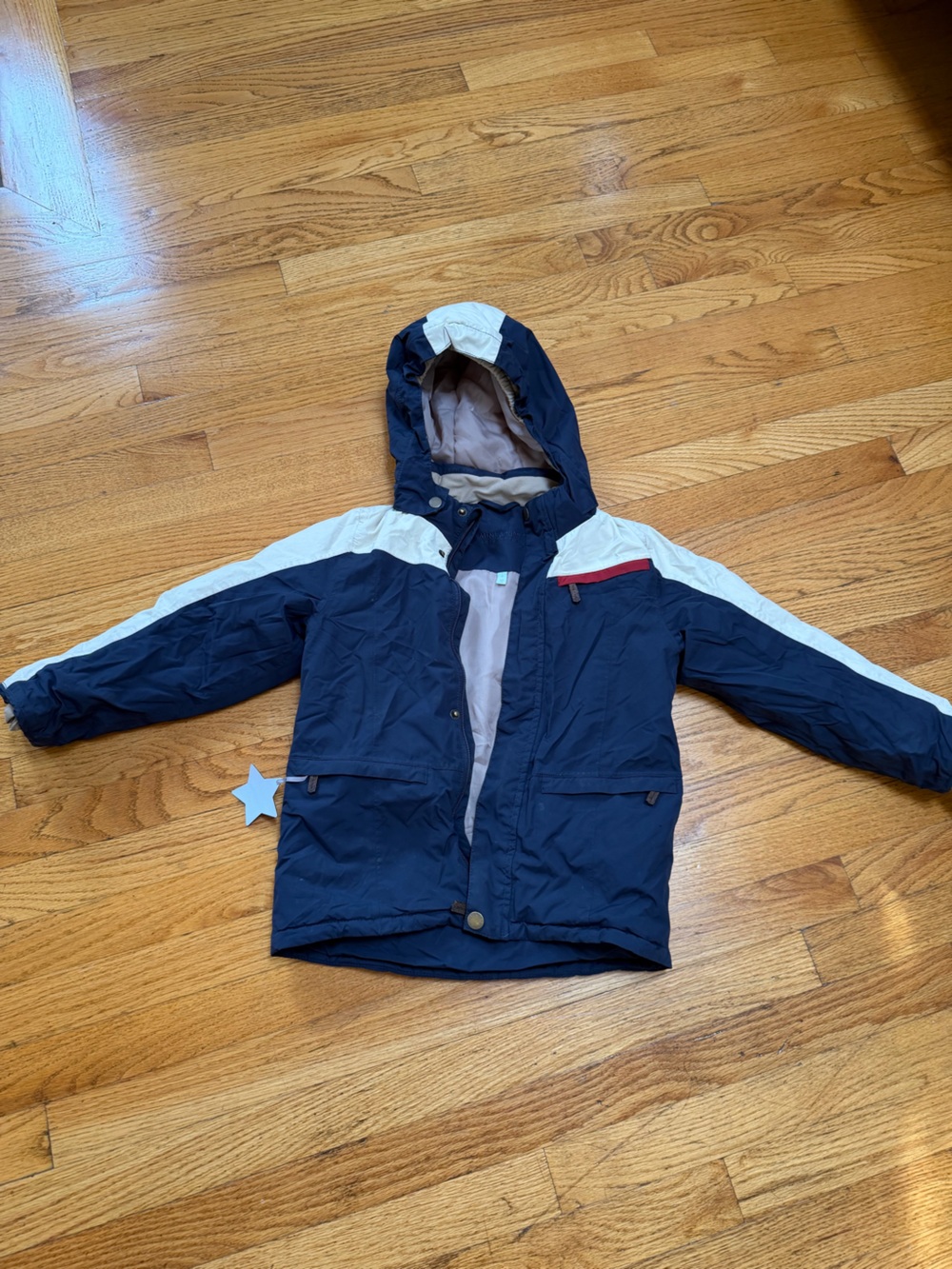 Mini A Ture Navy Hooded Puffer Jacket with White Trim